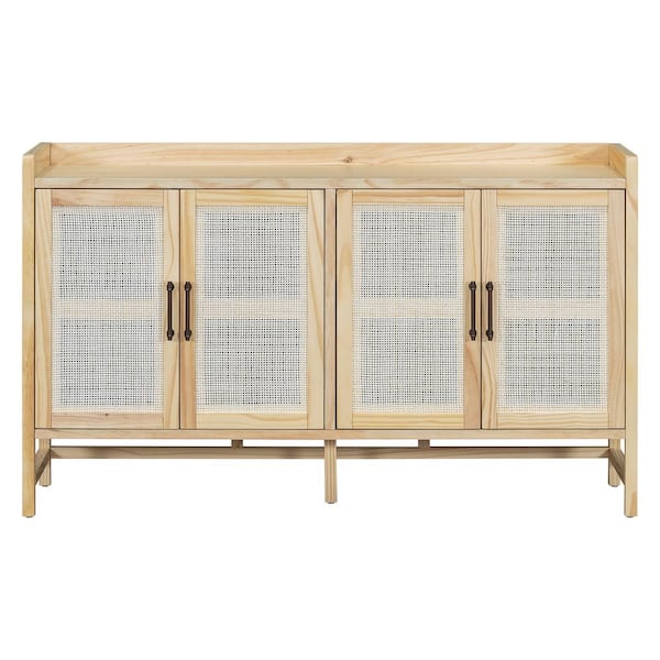 Vintage 60 in. W x 16 in. D x 35.8 in. H Yellow Linen Cabinet Rustic Sideboard with Decorative Rattan Doors and Shelves