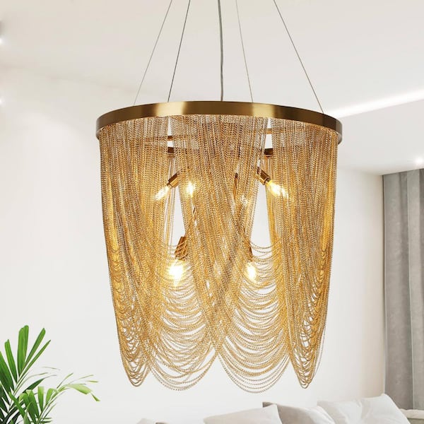 Tracienuri 7-Light Plating Brass Circle Chandelier with Gold Metal Chain Fringe
