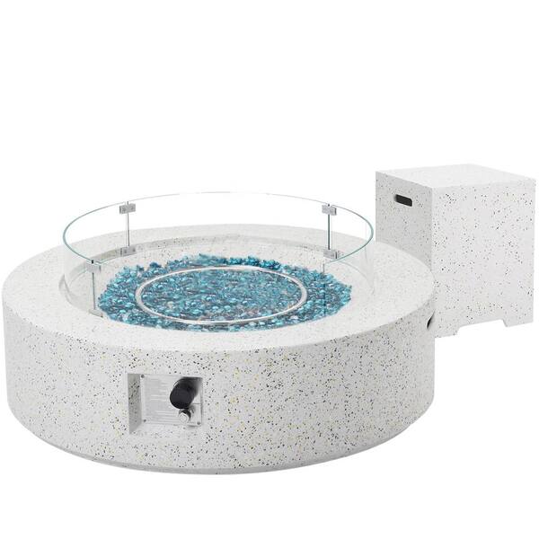 Unbranded 41 in. Concrete Round Outdoor Propane Gas Fire Pit Table in White 50,000 BTU with Propane Tank Table, Glass Wind Guard