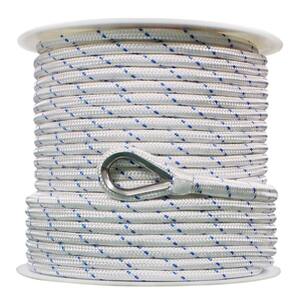BoatTector 3/8 in. x 600 ft. Double Braid Nylon Anchor Line with Thimble in White with Blue Tracer