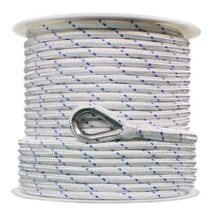BoatTector 1/2 in. x 150 ft. Double Braid Nylon Anchor Line with Thimble in White with Blue Tracer