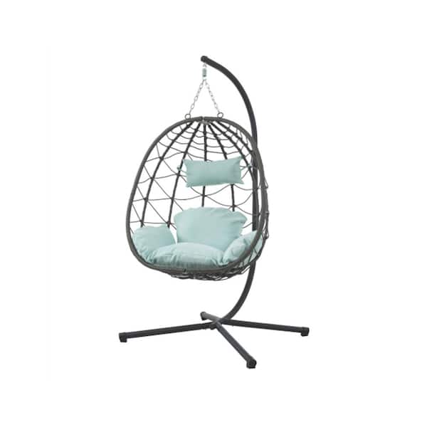 ITOPFOX Outdoor Wicker Free Standing Swing Egg Chair Hanging Hammock Chair in Gray with Stand, Blue Cushion and Pillow