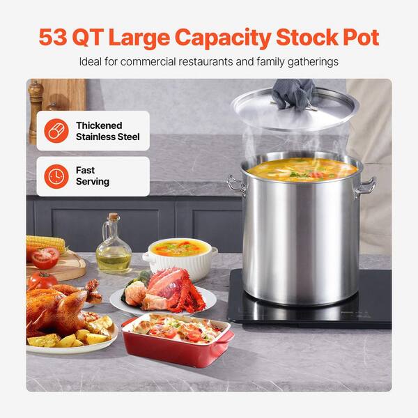 53 qt. Stainless Steel Stockpot, Large Cooking Pot with Lid & Handle, Heavy Duty Commercial Grade, Sanding Treatment