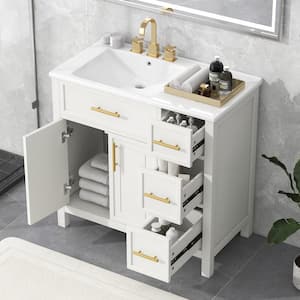 36 in. W Single Sink Freestanding Off White Bath Vanity with White Ceramic Top Unassembled