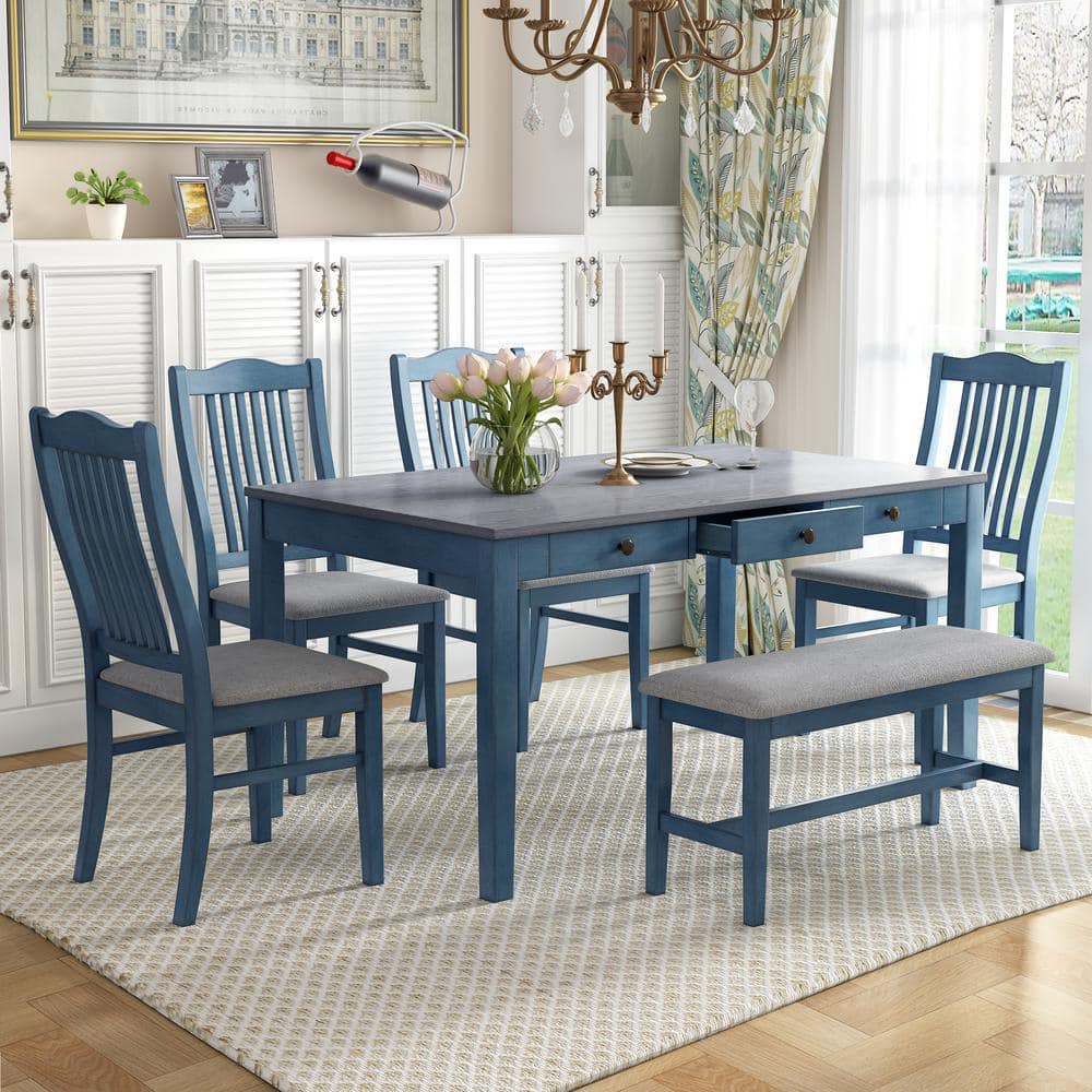 Antique Blue 6-Piece Wood Dining Set with Slat Back Chairs and Bench