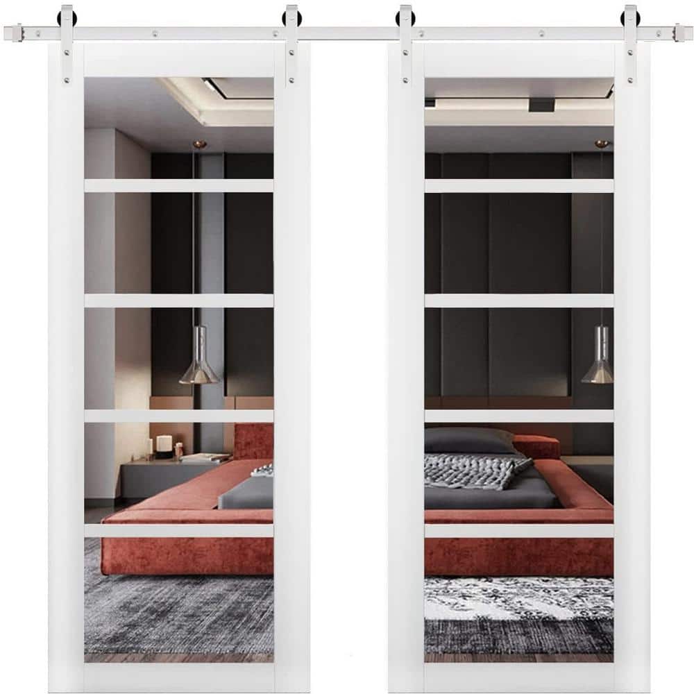 Assemble Required 28 in. x 84 in. 2 Panel Clear Glass White Solid MDF Sliding Barn Door with Hardware Kit price history on PriceWatchPro