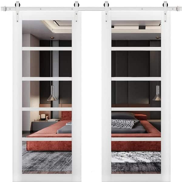 Sartodoors 30 in. x 96 in. 2 Panel Clear Glass White Solid MDF Sliding Barn Door with Hardware Kit