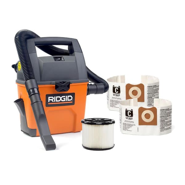 3 Gal. 3.5 Peak HP Handheld Shop Vacuum WD3050 Wet Dry Vac with RIDGID SWEEP Dust Pan, Dust Bags, Hose and Car Nozzle