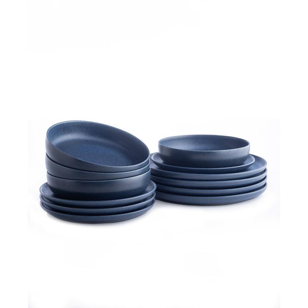 STONE LAIN Macchio 12-Piece Blue Matte Stoneware Dinnerware Set