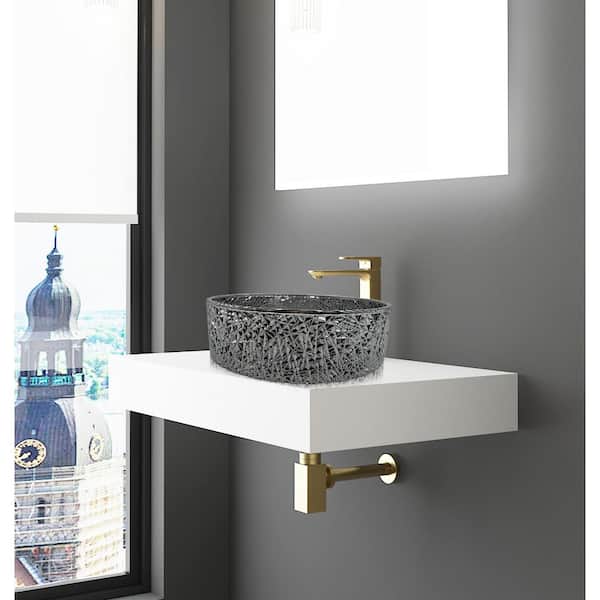 30 in. Wall Mounted Bathroom Countertop Shelf in White Solid Surface with Light Black Round Glass Vessel Sink