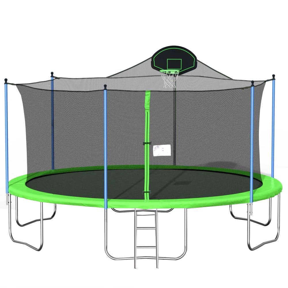 16 ft. Outdoor Trampoline with Safety Enclosure Net, Basketball Hoop, Ladder, 108 Springs,Green
