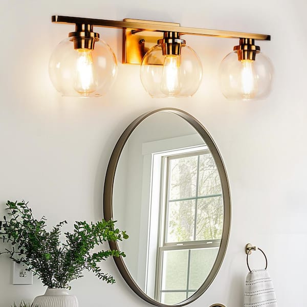 25 in. 3-Light Gold Bathroom Vanity Light with Open Globe Clear Glass Shades, Modern Farmhouse Wall Sconce