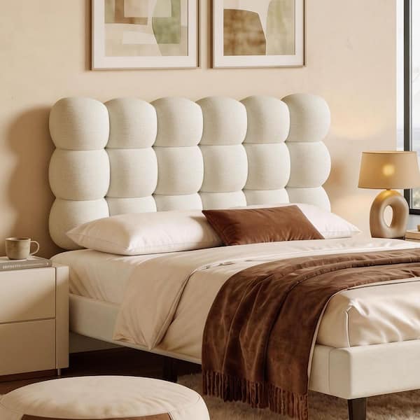 Beige Full Size Teddy Fleece Cloud-Shape Headboard with High-Density Foam-Soft Plush Upholstered Bedhead for Bedroom