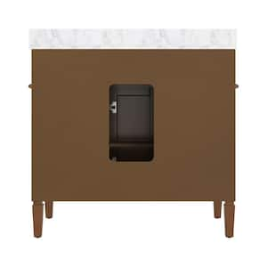 Roosevelt 36 in. W x 21.5 in. D x 35 in. H Single Sink Freestanding Bath Vanity in Brown with White Carrara Marble Top