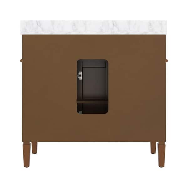 Aweyoto Roosevelt 36 in. W x 21.5 in. D x 35 in. H Single Sink Freestanding Bath Vanity in Brown with White Carrara Marble Top