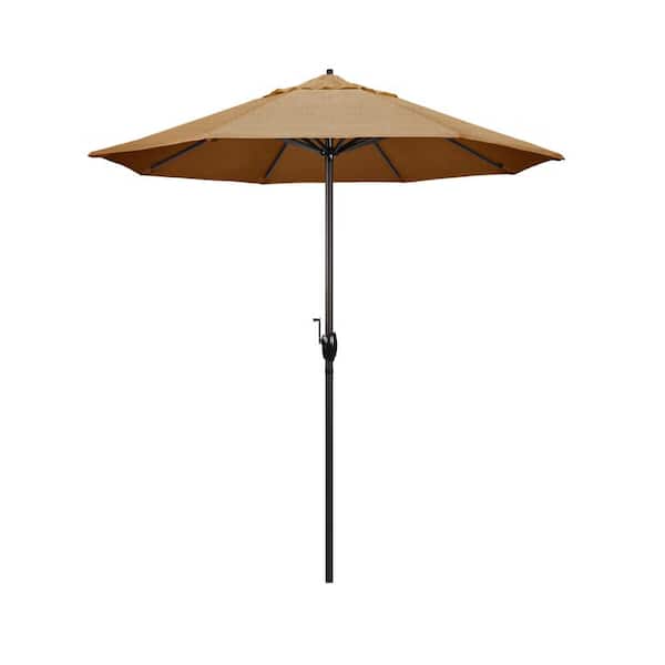 California Umbrella 7.5 ft. Bronze Aluminum Market Auto-Tilt Crank Lift Patio Umbrella in Linen Sesame Sunbrella