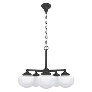 Saddle Creek 5-Light Noble Bronze Schoolhouse Chandelier with Cased White Glass Shades