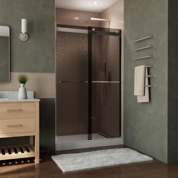 DreamLine Essence-H 44 in. to 48 in. W x 76 in. H Sliding Semi-Frameless Shower Door in Brushed Nickel with Tinted Glass