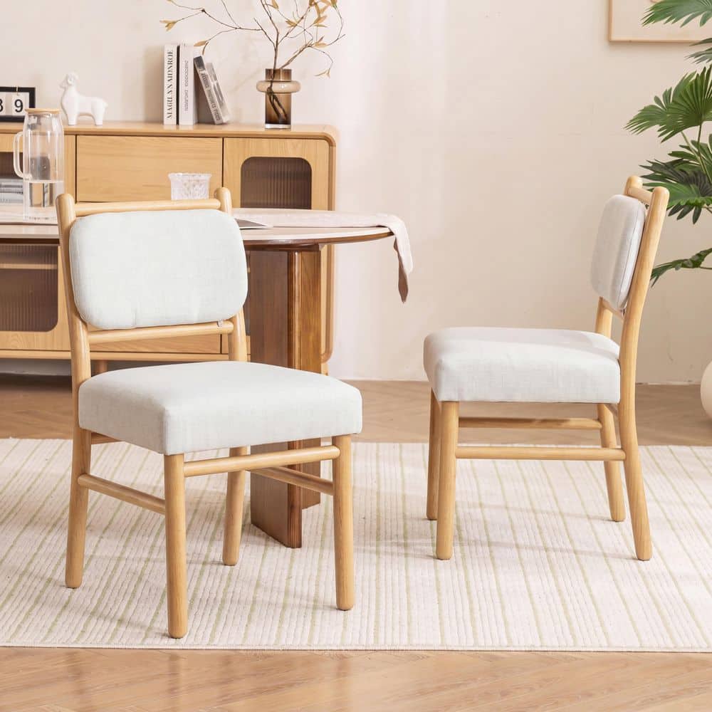 Dylan Bronw and Beige White Fabric Wood Dining Chairs with Mid-Back Padded, Natural Set of 2