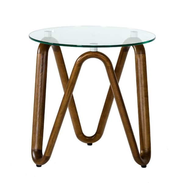 Benjara 20 in. Walnut Round Glass Top End Side Table with Artisanal Wavy Base