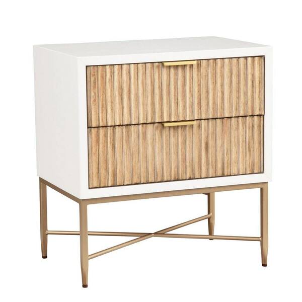 Benjara 24 In White Brown And Gold 2 Drawer Nightstand With Corrugated Panel And Metal Frame