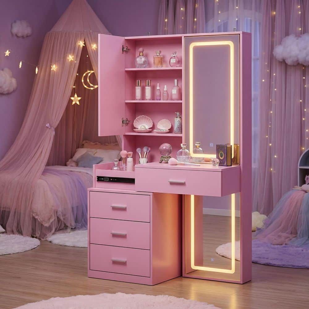 White Makeup Vanity Desk Wood Dressing Table With Sliding Top, Full-Length Mirror, Hidden Shelves, Drawers, LED Lights - thumbnail 2