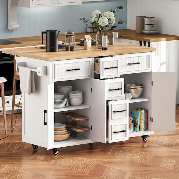 Cesicia Farmhouse White Wood 56.5 in. Power Outlet Drop Leaf Embossed Vertical Stripe Kitchen Island with 5-Drawer and 4-Door