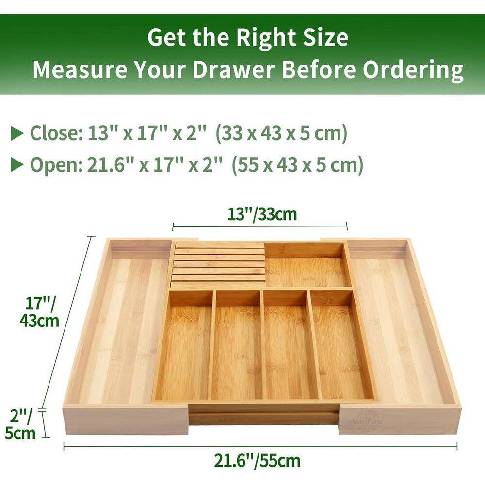 Expandable Bamboo Kitchen Drawer Organizer with Knife Block and Cutlery Tray, Multifunctional Utensil Organizer - Thumbnail 3
