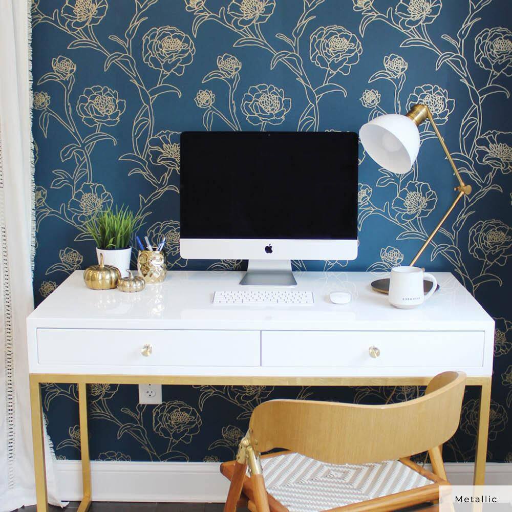 Peacock Blue and Gold Floral Peel and Stick Wallpaper