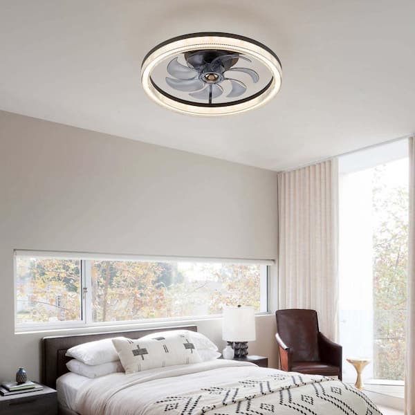 20 in. LED Indoor Bladeless App Control Low Profile Black Ceiling Fan with Light for Bedroom Lighting