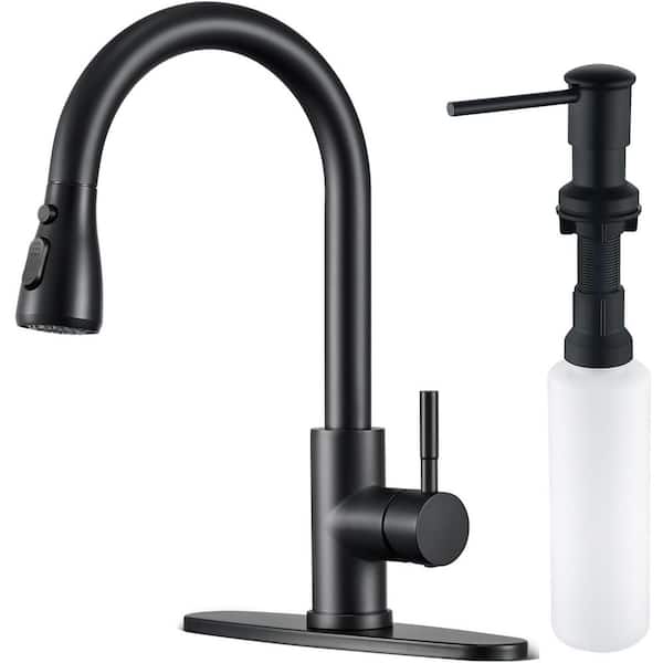 Single Handle Pull Down Sprayer Kitchen Faucet with Soap Dispenser in Stainless Steel Matte Black