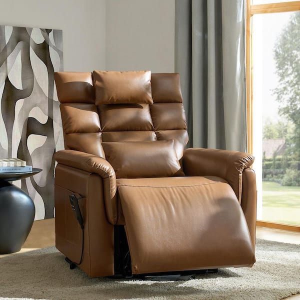 Erasto Camel Traditional Faux Leather Power Lift Recliner with Surround Support