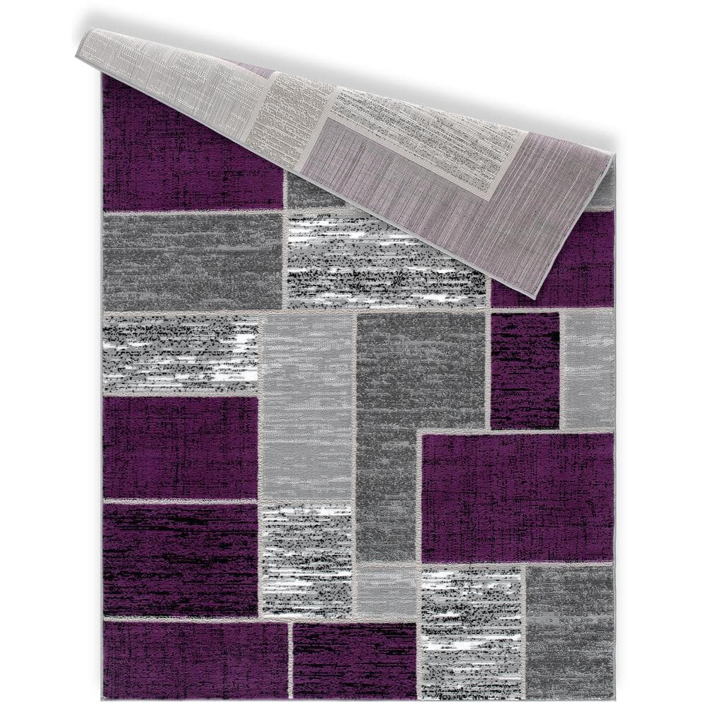 Purple and Gray Geometric Washable Synthetic Area Rug 5' x 7'