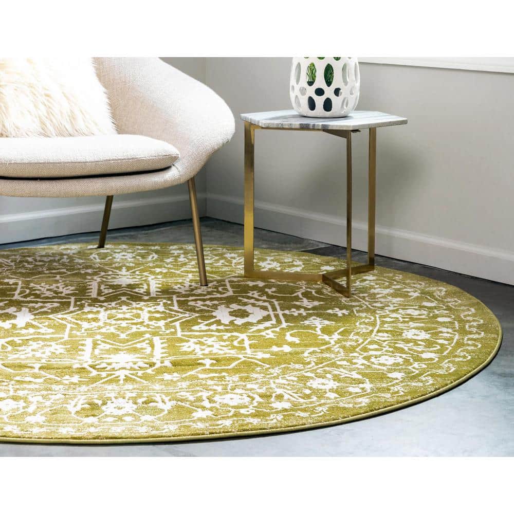 Round Light Green Abstract Synthetic Easy Care Rug