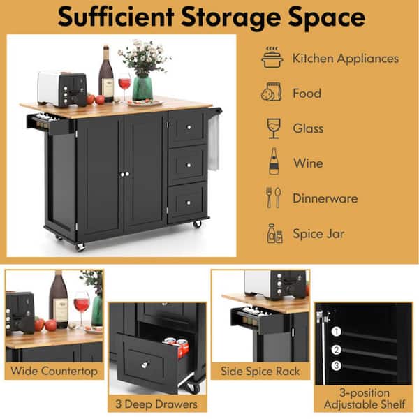 Rolling Kitchen Island With Drop Leaf & Power Outlet - Mobile Cart With Drawers