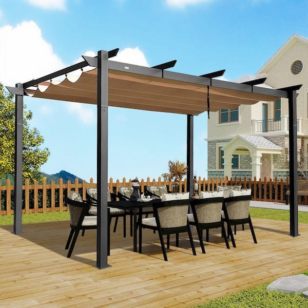 10 ft. x 13 ft. Dark Gray Aluminum Outdoor Patio Retractable Pergola Gazebo
