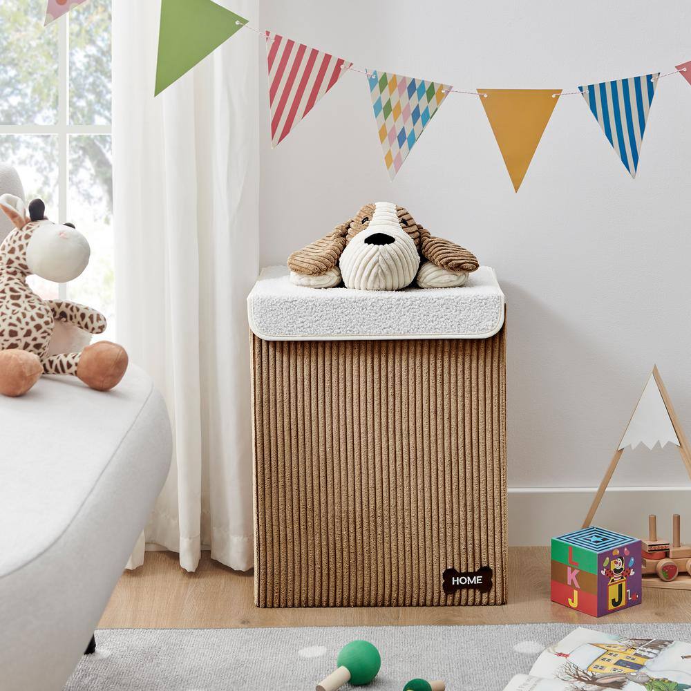 Brown Corduroy Collapsible Kids Hamper with Plush Dog Lid