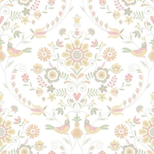 Britt Peach Embroidered Damask Paper Glossy Non-Pasted Wallpaper Roll