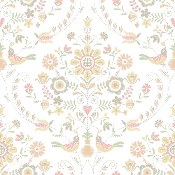 A-Street Prints Britt Peach Embroidered Damask Paper Glossy Non-Pasted Wallpaper Roll
