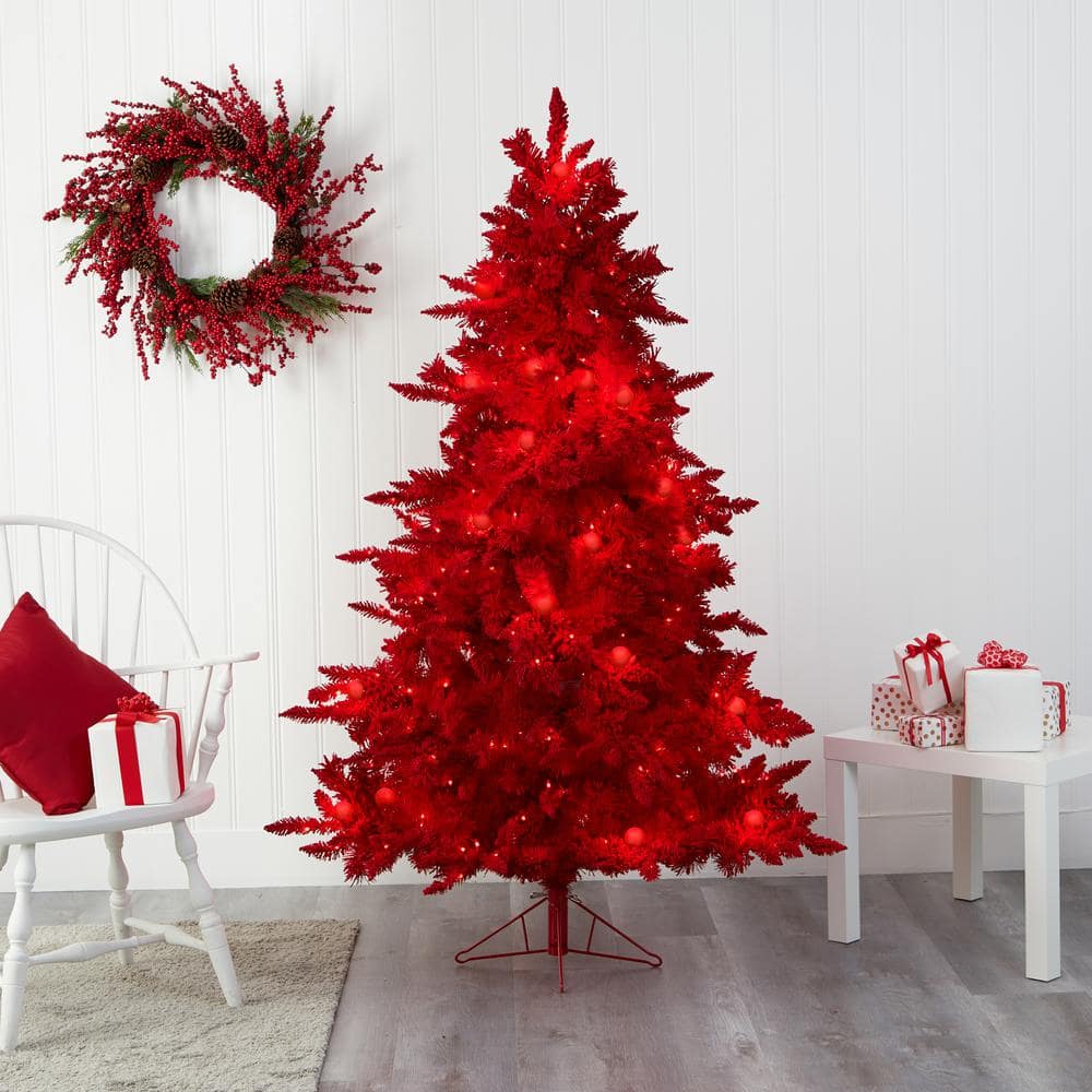 6-Foot Red Flocked Fir Artificial Christmas Tree with Lights