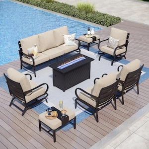 Metal 9 Seat 8-Piece Outdoor Patio Conversation Set with Beige Cushions, Rocking Chairs, Rectangular Fire Pit Table