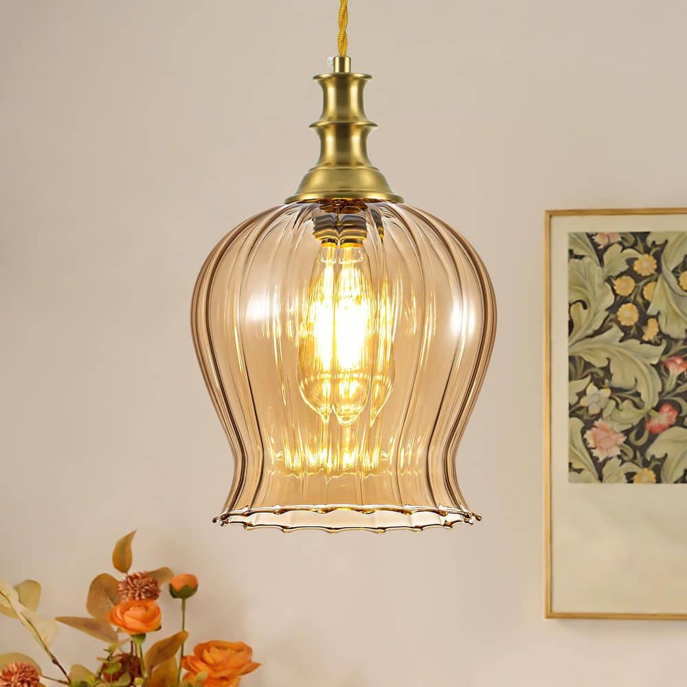 Vintage Brass 1-Light Tulip-Shaped Amber Glass Pendant Light Easy-Fit for Bedroom Bar Dining Room price history on PriceWatchPro