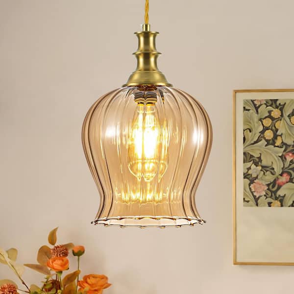 Vintage Brass 1-Light Tulip-Shaped Amber Glass Pendant Light Easy-Fit for Bedroom Bar Dining Room
