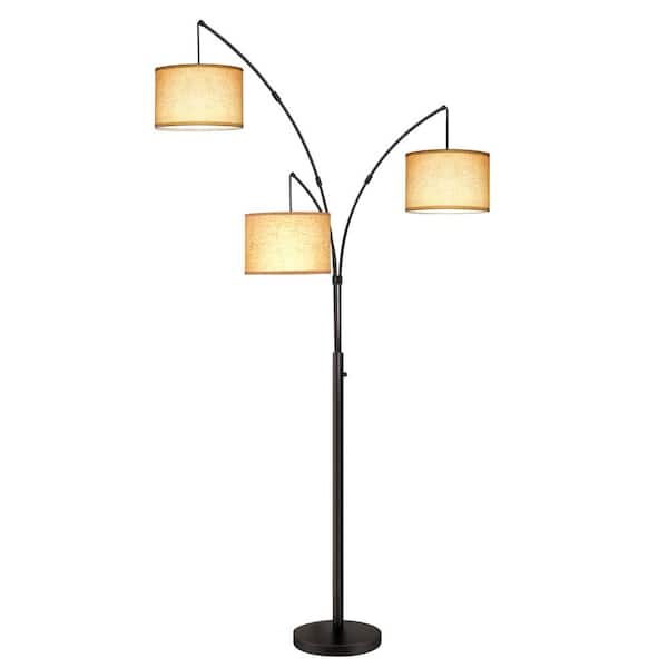 BICIK 80 in. Mid-Century Modern 3-Light Adjustable LED Buckwheat Arc Floor Lamp with 3 Beige Fabric Drum Shades