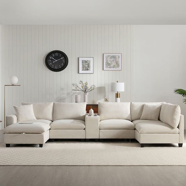 Luxury Collection 140 in. Square Arm 6-Piece U-Shaped Chenille Sectional Sofa in. Beige with Console and Storage