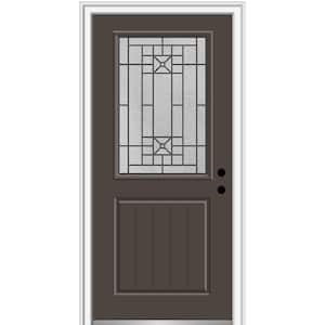 36 in. x 80 in. Courtyard Left-Hand 1/2-Lite Decorative Planked Painted Fiberglass Prehung Front Door, 6-9/16 in. Frame