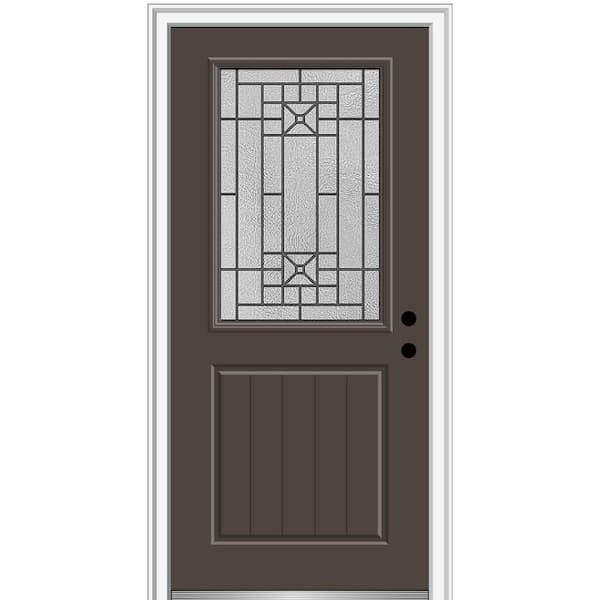 MMI DOOR Courtyard 36 in. x 80 in. Left-Hand 1/2-Lite Decorative Brown Fiberglass Smooth Prehung Front Door on 6-9/16 in. Frame