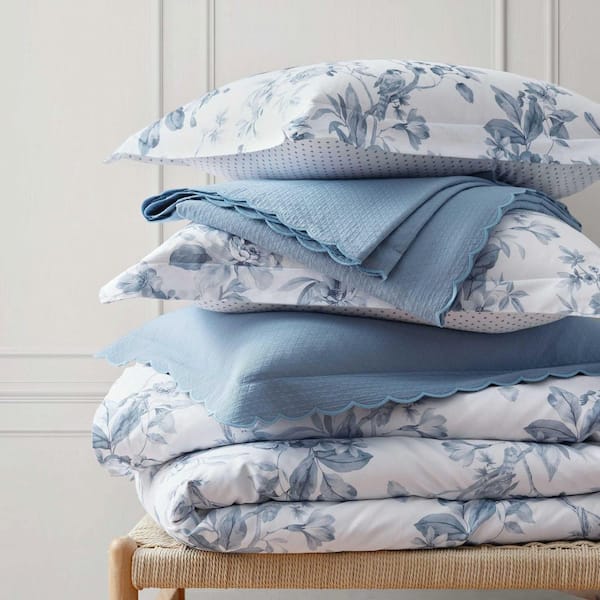 MARTHA STEWART Songbird 2-Piece White/Blue Cotton Sateen Twin