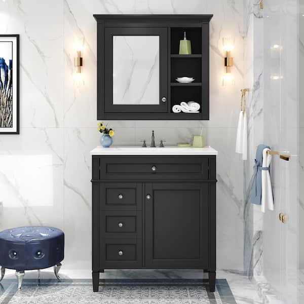 30 in. Freestanding Storage Bath Vanity in Black with White Ceramic Top and Mirror Cabinet