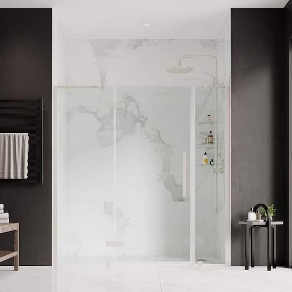 OVE Decors Tampa 67 3/4 in. - 70 1/16 in. W x 72 in. H Pivot Frameless Shower Door in Satin Nickel With Shelves
